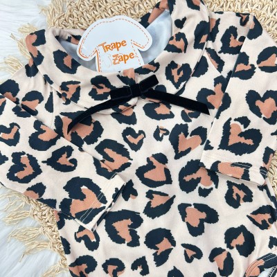 Conj. Body Manga Longa Oncinha e Calça de Moletom - Marrom
